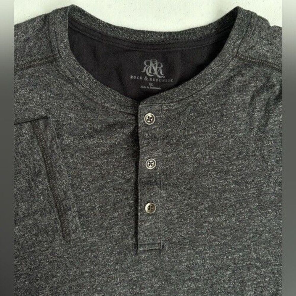 Rock & Republic Men's XL Black Sable Colorblock Gray 1/4 Button Long Sleeve Tee